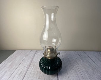 Vintage Lamp Light Farms medium dark green pumpkin pattern oil lamp with clear chimney and wick