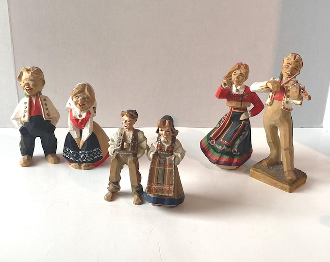 Choice of Henning Type Hand Carved Norway Wood Figurines Hardanger Fiddler with Dancer, and  Ola & Kari and Trygg Type wood carved couple