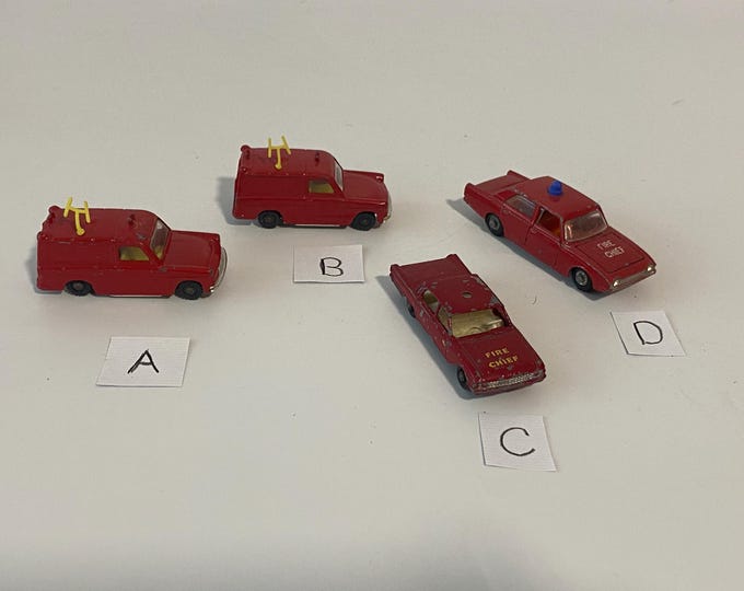 Set of 4 1960s Husky Ford Van, Matchbox Lesney Ford Fairlane Fire Chief Car and Lone Star Impy Road-Master (No. 32) Ford Corsair Fire Chief