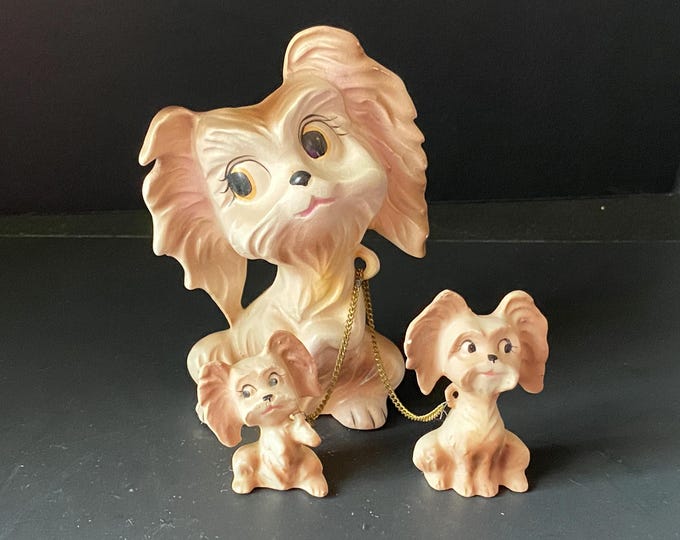 MCM Papillon Ceramic Momma Dog and 2 puppies chain set-  1950s - 60s from Japan