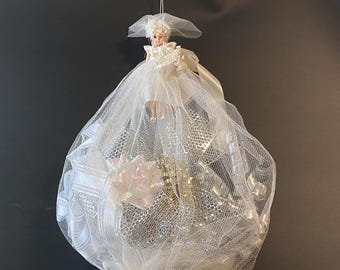 Rare 1967 Bridal Shower Gift Ribbons & Bows Bouquet Bridal Doll w/ Netting Dress holds all Bows received on gifts from Wedding Bridal Shower