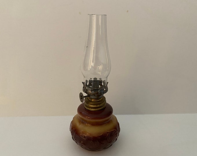 Painted brown and gold, leaf scroll design miniature oil lamp with  chimney and wick