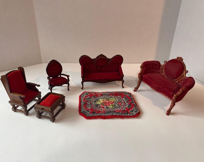 6 Piece Set Red Velvet and Wooden Dollhouse Furniture 1:12