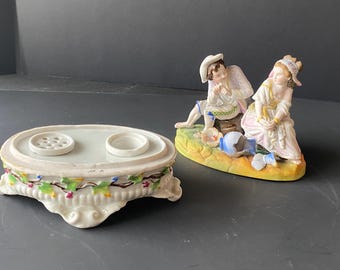 4 Piece Vintage Inkwell set - Victorian  bisque Porcelain ceramic  lidded inkwell set including sand shaker