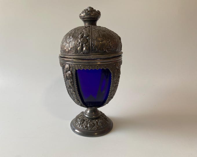 Vintage Jennings Brothers Spelter Chalice with a Glass Cobalt Blue Insert with Lid