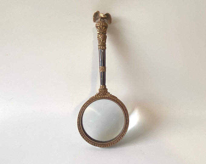 Vintage Edgar Berebi Patriot Magnifier Museum Gold Plate with Sapphire Blue Enamel and Swarovski Jonquil Crystals.