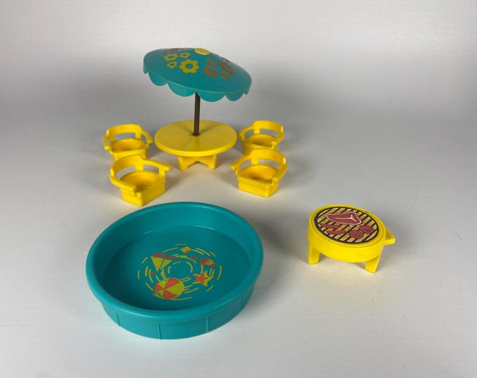 7 Piece Set 1970 Fisher Price Play Family House Patio Set  with turquoise pool and umbrella Model #726