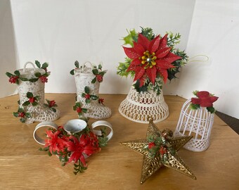 Vintage Mid Century Mistletoe Plastic Lace Bell, lace boots and gold star ornaments, birdcage ornament and candle holder