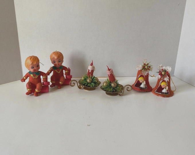 Choice of Vintage MCM Flocked Plastic Christmas Ornaments - Boy on Log with Candle, Christmas Candle and Angel in Bell