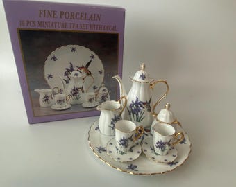 Vintage 8 Piece Mini Porcelain Victorian Purple Bird and Floral Tea Set with Matching Tray with Original Box