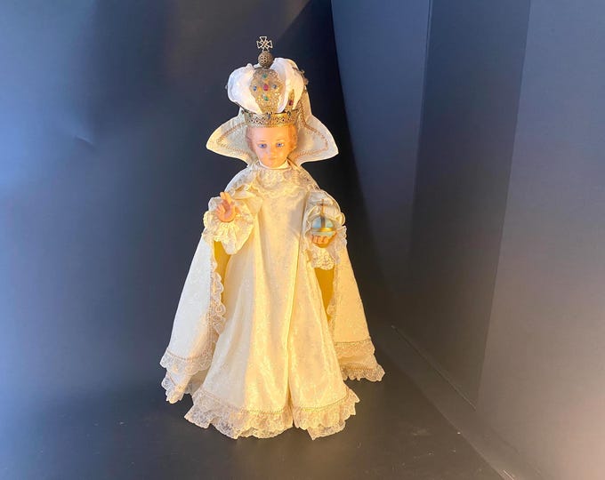 25" Tall w/ 5 Changeable Vestment sets - 1960s  Infant of Prague Chalkware Statue with Jeweled Crown - Handmade Vestments