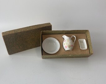 Early 1900s German Vintage 3 Piece  Miniature Porcelain Chinami Toy Wash Set includes Bowl, Pitcher, Soap Dish and Original Box