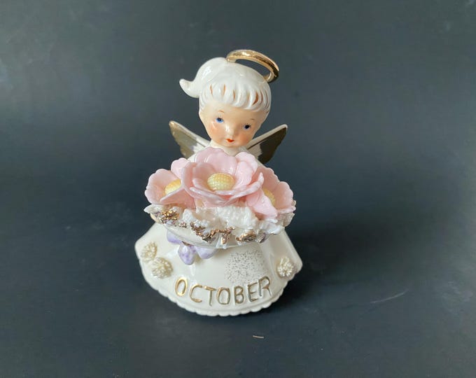 Lefton October Birthday Angel Ceramic Figurine  Pinw/k Cosmos  flowers, spaghetti flowers & purple flower with clear zircon gem stone center