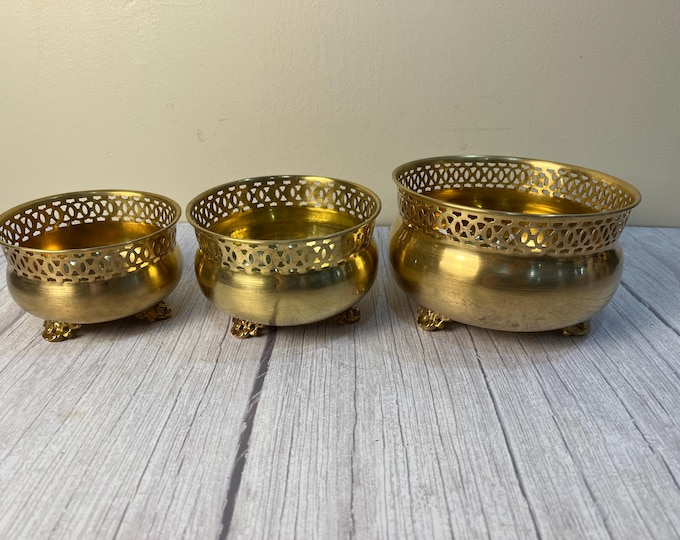 Vintage set of 3 Brass nesting punched rim footed bowls/urns