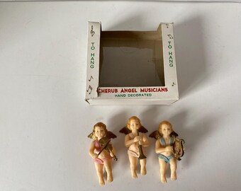 1960s Christmas Set of 3 Miniature Plastic Cherub Angel Musicians in Original Box