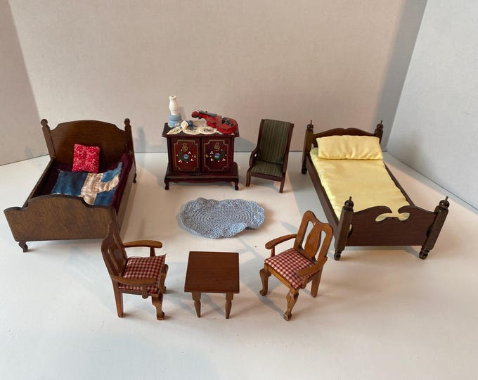 Vintage 12 Piece Dollhouse 1:12 scale Bedroom set including 2 Beds with bedding, 3 chairs, dresser, small table & rug