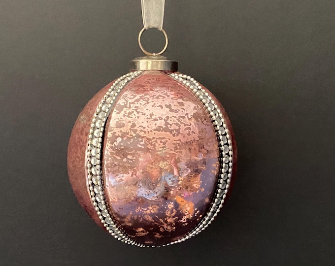 Vintage Large Heavy  Pink Mercury Glass Christmas Tree Ornament with4 Vertical Rows of  Rhinstones