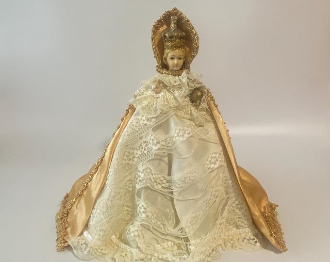 Vintage 8 3/4" Infant Jesus Child of Prague Chalkware Figurine with Silky Gold Cape and Lace Gown