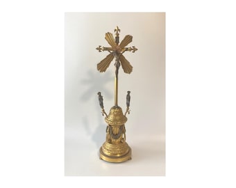 Vintage 20" French Altar Crucifix of Gilded Gold & Bronze Tabletop Sunburst Finial, Ornate Details, Mary, St John Evangelist, Skull