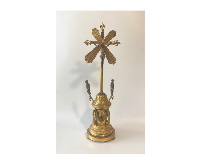 Vintage 20" French Altar Crucifix of Gilded Gold & Bronze Tabletop Sunburst Finial, Ornate Details, Mary, St John Evangelist, Skull