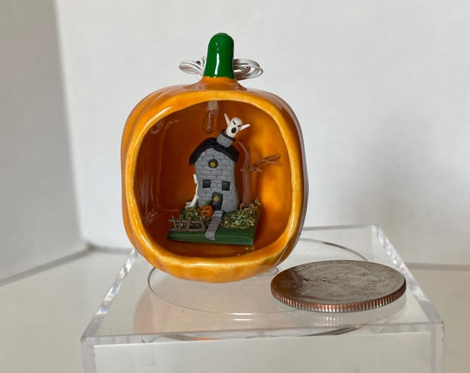 Miniature Lighted Halloween Diorama Ceramic Pumpkin withHaunted house scene and  Black Cat 1:12 scale