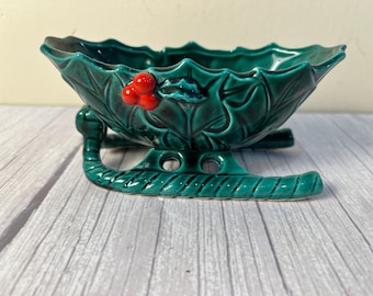 Lefton Mid Century Modern Green ceramic Christmas sleigh candy dish 1346