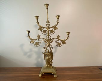 Stunning 26" Guardian Angel Antique Brass Candelabra with Guardian Angle and Child, scrolling leaves, Lion Claw feet and 5 taper light arms