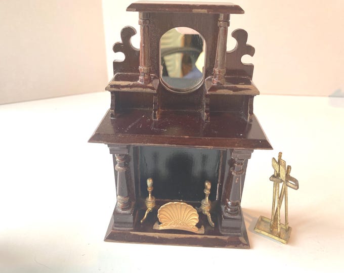 Vintage 8 piece Ornate Victorian Wooden Fireplace with Mirror and Brass accessory Set