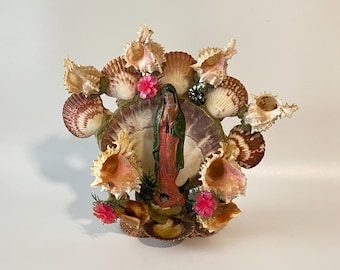 Large 11" tall Seashell Font Grotto Shrine with Our Lady of Guadalupe