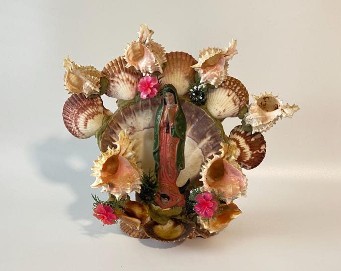Large 11" tall Seashell Font Grotto Shrine with Our Lady of Guadalupe