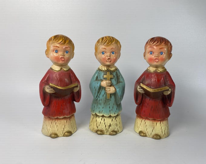 Vintage  7 1/2" Tall Set of 3 Chalkware Choir Alter Boys - one being rare carrying a cross