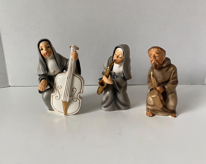 1956 Napco Set of 3 Musical Religious Ceramic Figurines - 2 Nuns and a Monk
