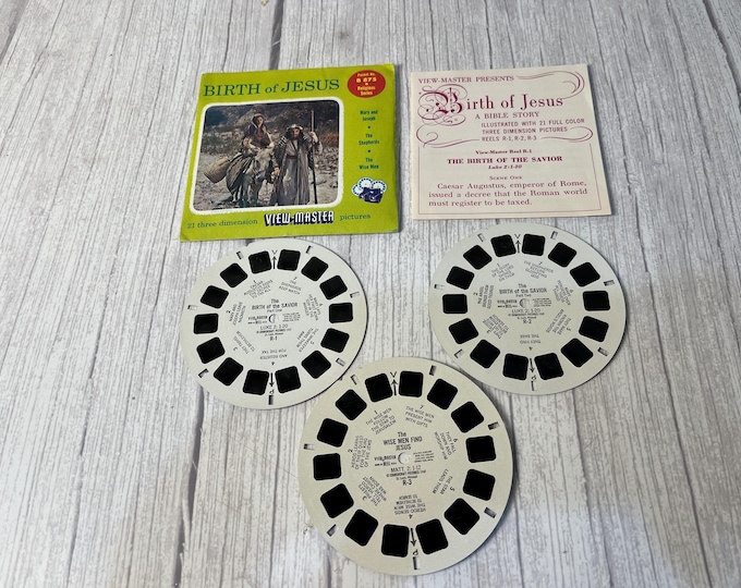 1947 Church craft Pictures View master B875 "Birth of Jesus" 3-reel set with book and cover