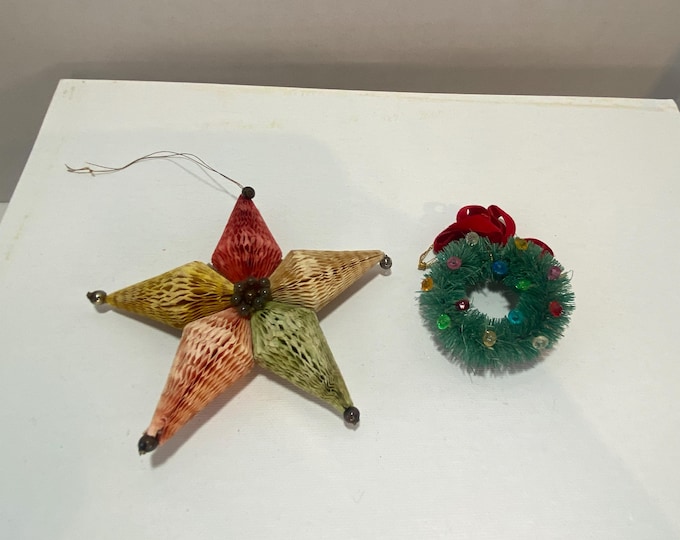 Set of 2 Vintage Ornaments - Paper Honeycomb Christmas Star Ornament with Beads and Short Bristle Wreath of Multi Color Beads Felt Ribbon