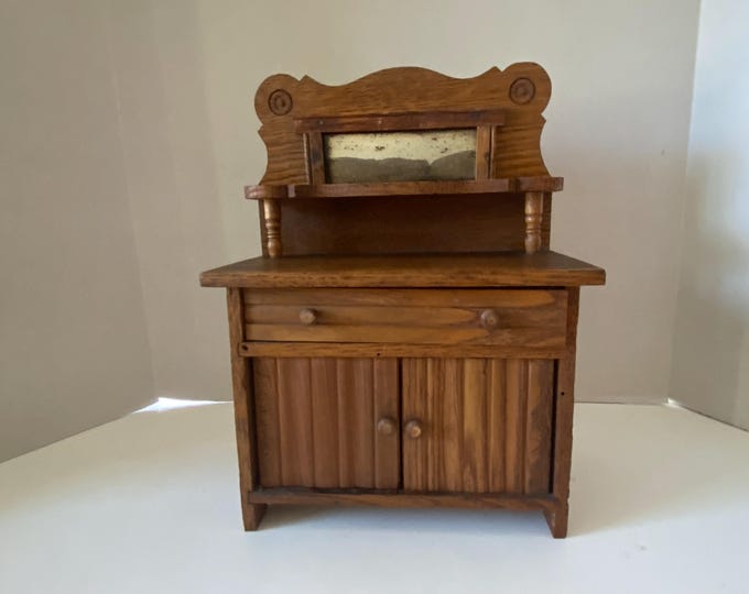 Vintage Wooden 11 1/4" Tall Doll Dresser / Wash Stand Cabinet with Mirror and Back Shelving