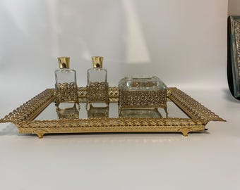 4 Piece Hollywood Regency GORGEOUS Mirrored and Gold Filigree Vanity Tray Set with 2 Perfume Bottles and Trinket Glass Box