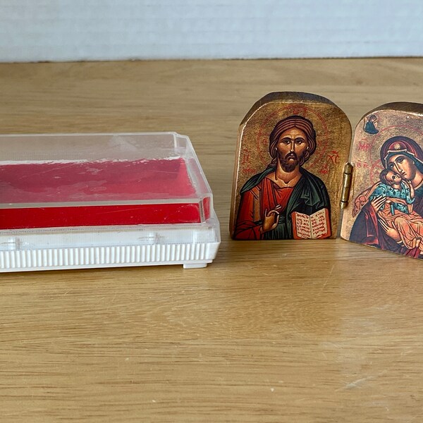 Vintage Diptych Foldable Wooden Greek Orthodox Travel Shrine with original case