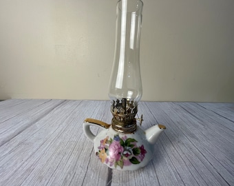 Vintage porcelain flower teapot oil lamp with gold accents chimney and wick