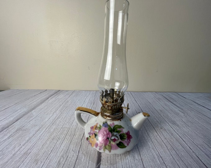 Vintage porcelain flower teapot oil lamp with gold accents chimney and wick