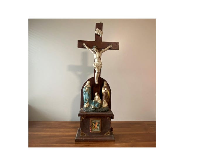 31" Antique 1904 Scrolling 14 Stations of the Cross Pics, Wood, Bronze, Chalkware Standing Altar Crucifix w/3 Marys below by Koenig Brothers