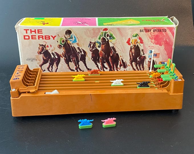 1960s Working Bandai "The Derby" Horse Racing - Battery Operated with 8 Different Color Horses, Flag and Original Box