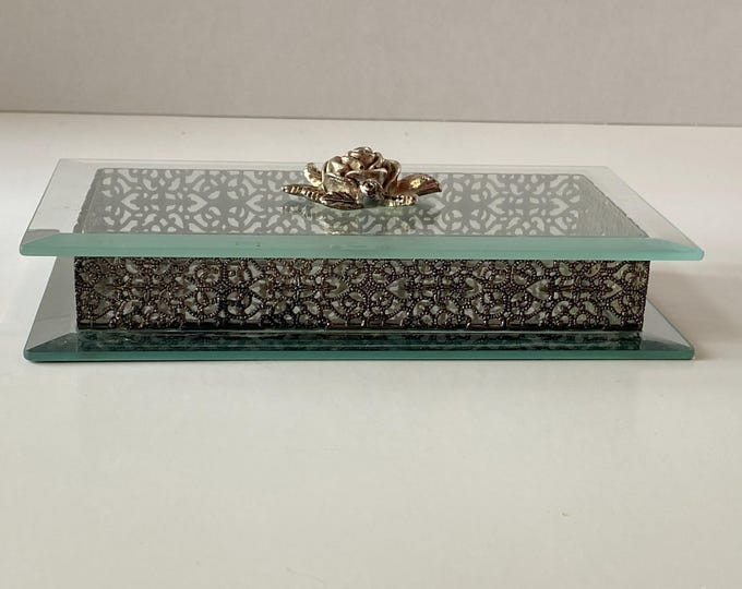 Vintage Hollywood Regency Silver tone Delicate laced Metal  Filigree Trinket beveled mirror glass box w/ silver rose by Studio Silversmiths