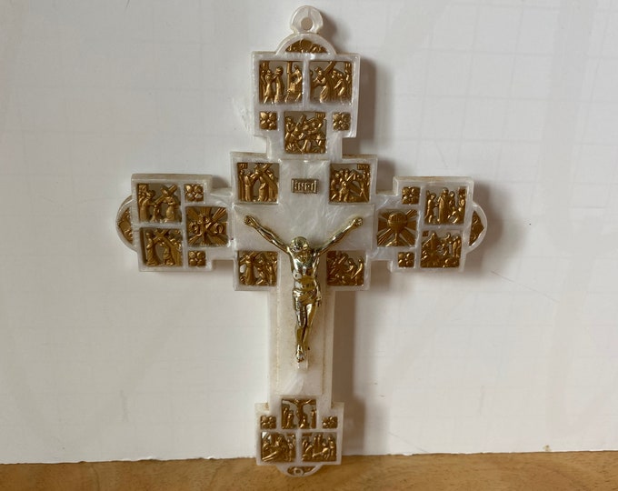 Rare Stations of the Cross Crucifix made with Mother-of-Pearl Plastic with gold tone cut-out images wall plaque