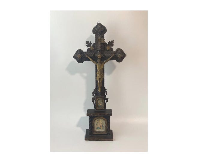 22" Antique 19th Century Tramp Art Altar Crucifix with 2 Picture inserts of Madonna & Child and Immaculate Heart of Mary-Rare One-of-a-Kind