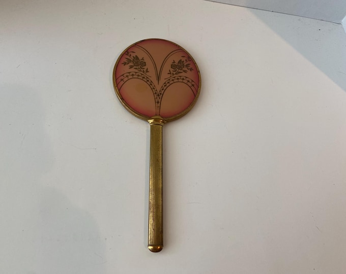 Vintage Art Deco Lucite Green Marbled Beveled Hand Mirror with gold accents