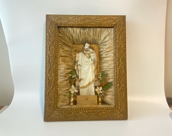 Antique St. Joseph with Baby Jesus Shadow Box with Silk Fabric backing and Prayer Card