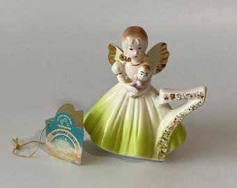 1960s Josef Originals Age 7 Porcelain Ceramic Birthday Angel with Original Tag with Birthday Message
