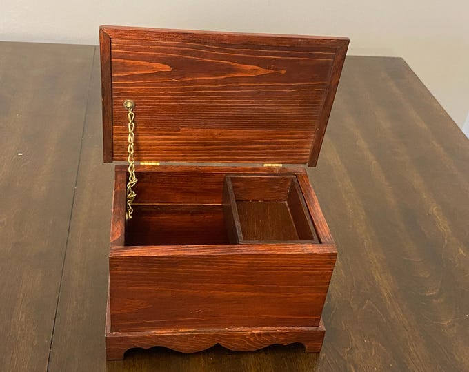 Vintage Doll Size Wooden Hope Chest or Jewelry Chest with wooden shelf basket inside