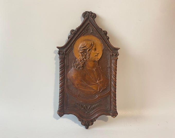 Antique Gothic Style Hand Carved Wood Composite Sanctuary Wall Plaque of Jesus Christ