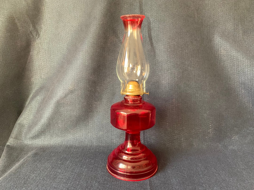 12sided Ruby Red Oil Lamp With Chimney and Wick Etsy